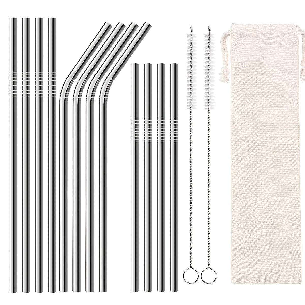 Reusable Stainless Steel Straws Set of 12 Extra Long 10.5 Inch with Cleaning Brushes - Metal Straws for Cold Drinks, Cocktails, Smoothies & Iced Coffee, Eco Friendly Drinking Straws