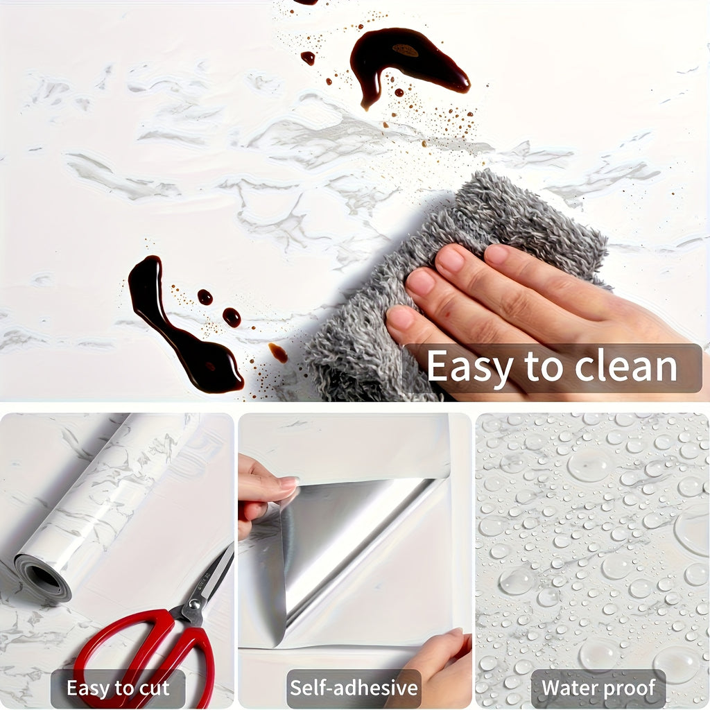 Marble Contact Paper Waterproof Self-Adhesive PET Film Heat Oil Resistant Glossy Vinyl Wrap for Kitchen Cabinets Bathroom Countertops Drawer Liner Furniture Decor White Black Marble 15.75x196.85 in