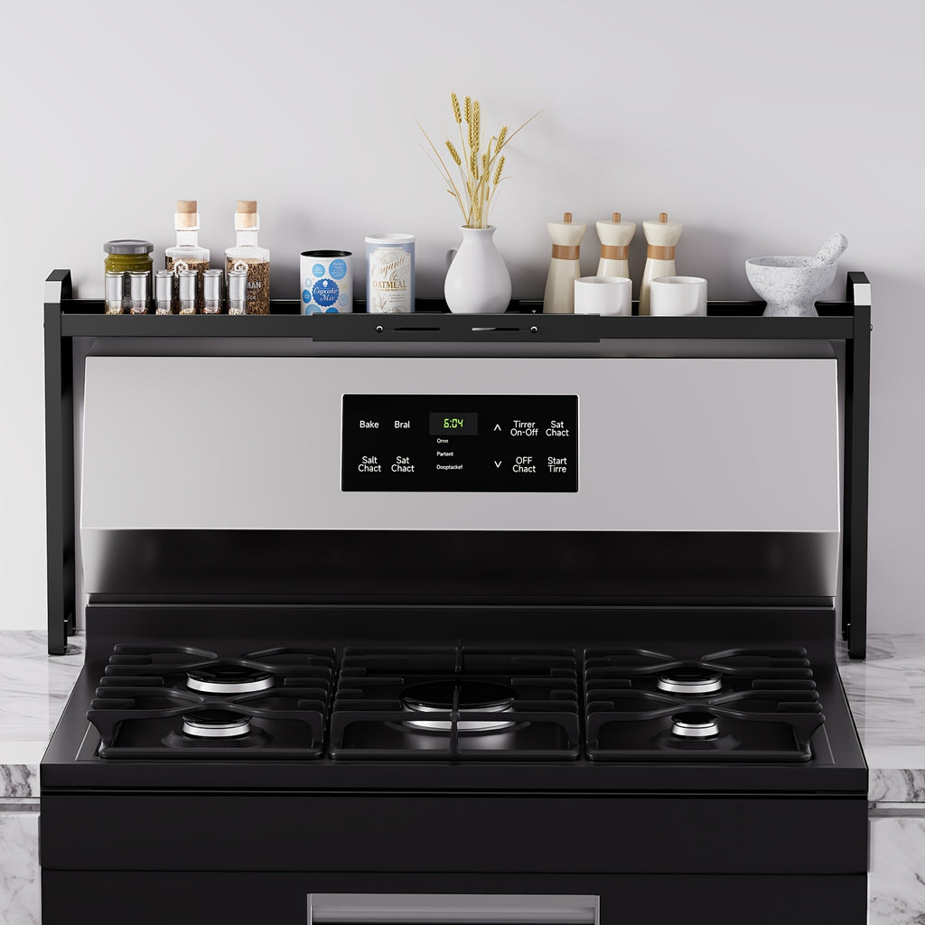 Stove Top Shelf Expandable Spice Rack – Adjustable Back of Stove & Over Sink Shelf for Kitchen Storage Organization, Black