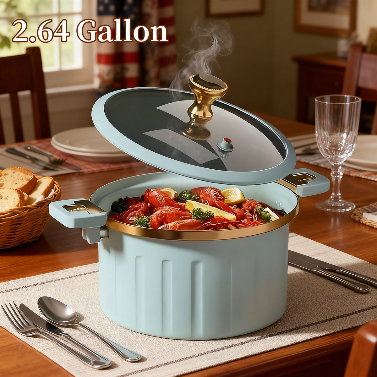 Cast Iron Enamel Dutch Oven 2.64 Gallon with Locking Lid Non-Stick Heavy Duty Soup Pot for Meal Prep - White & Blue