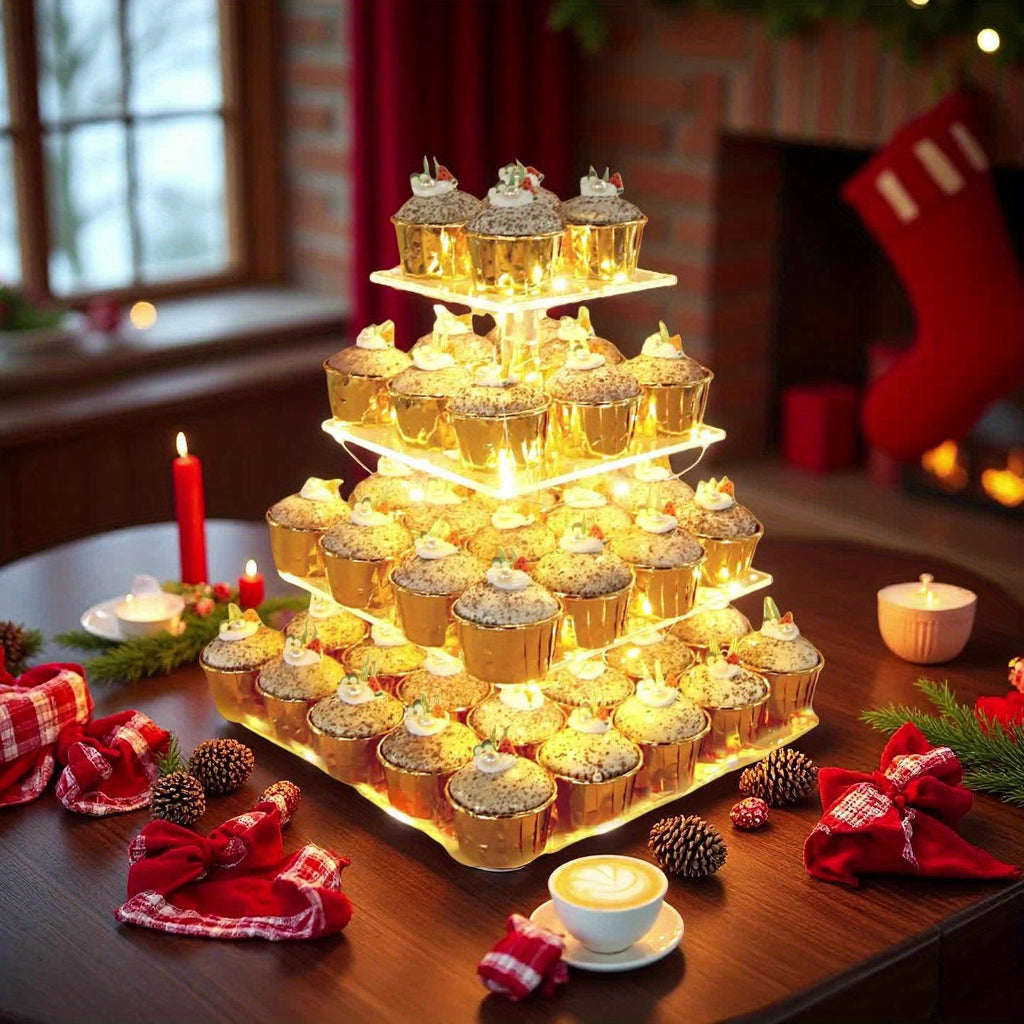 4-Tier Square Acrylic Cupcake Stand with LED Light Strip Holds 52 Cupcakes Dessert Display Tower for Weddings Birthdays Christmas Parties Graduations
