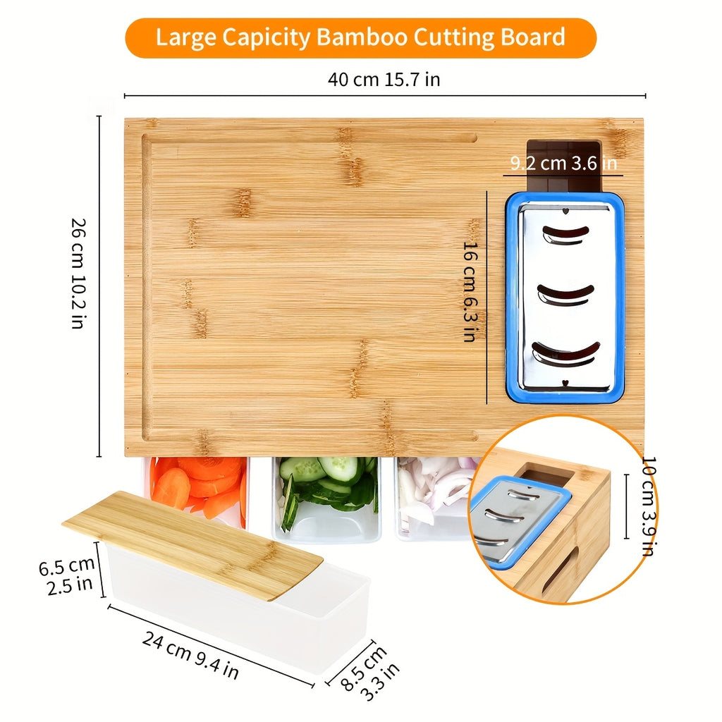 Bamboo Cutting Board with Food Container, Cheese Shredder & Juice Tank – All-in-One Wooden Carving Board for Vegetables, Meat & Cheese – Easy Grip Handle, Kitchen Prep Board