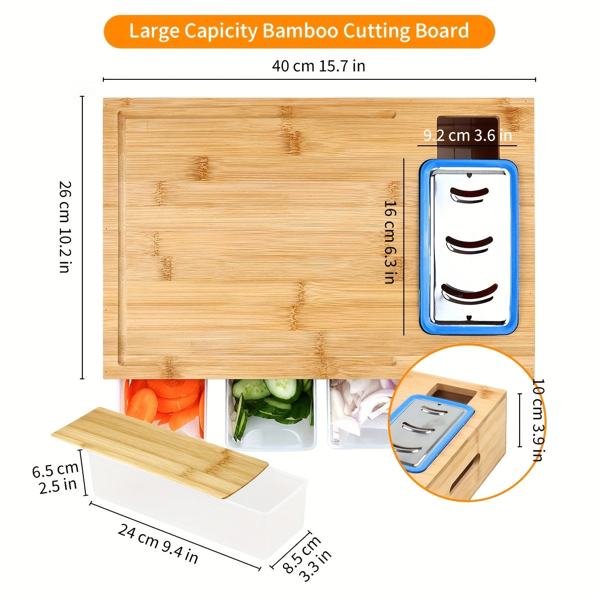 Bamboo Cutting Board with Food Container, Cheese Shredder & Juice Tank – All-in-One Wooden Carving Board for Vegetables, Meat & Cheese – Easy Grip Handle, Kitchen Prep Board