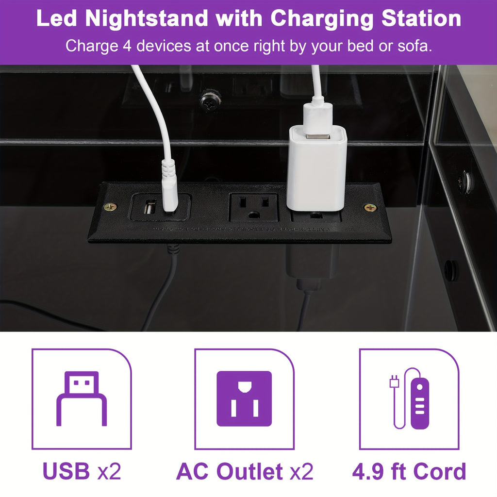 LED Nightstand with Charging Station USB Ports Outlets High Gloss Adjustable LED Lights 2 Storage Drawers Wood End Table Bedroom Living Room White Black 1pc or 2pcs