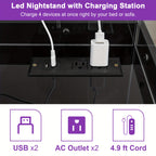 LED Nightstand with Charging Station USB Ports Outlets High Gloss Adjustable LED Lights 2 Storage Drawers Wood End Table Bedroom Living Room White Black 1pc or 2pcs
