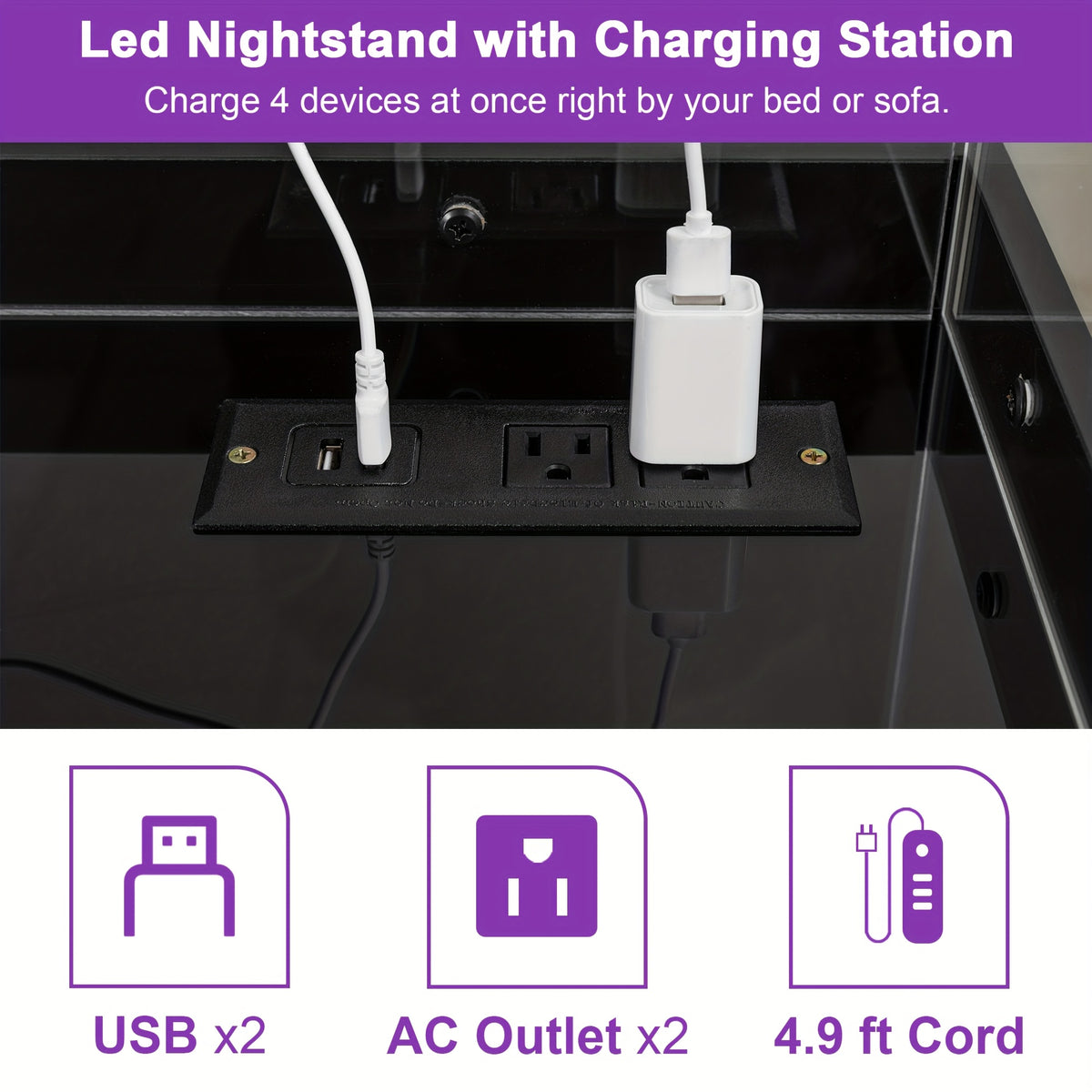 LED Nightstand with Charging Station USB Ports Outlets High Gloss Adjustable LED Lights 2 Storage Drawers Wood End Table Bedroom Living Room White Black 1pc or 2pcs