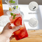 Square Glass Cups with Lids and Straws Set of 6 | Portable Iced Coffee Cups for Office Party Home School Outdoor
