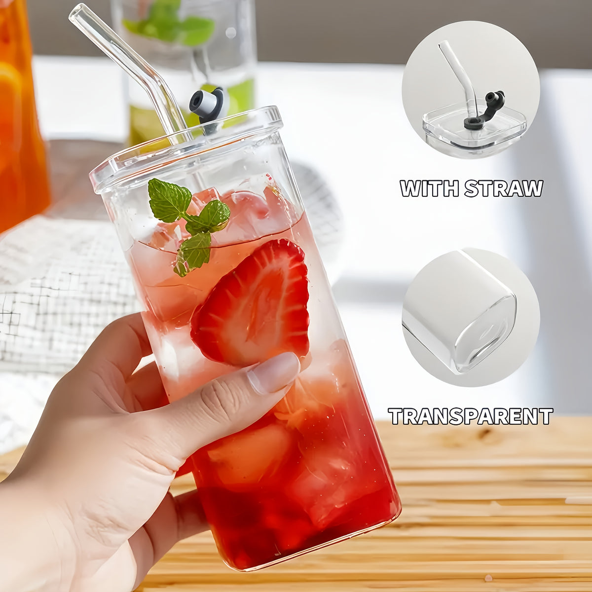 Square Glass Cups with Lids and Straws Set of 6 | Portable Iced Coffee Cups for Office Party Home School Outdoor