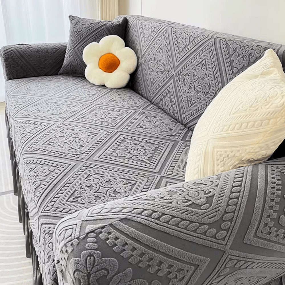 Velvet Jacquard Sofa Slipcover Grey Ruffle Detail Non-Slip Dustproof Stretch Machine Washable All-Season 1 2 3 4 Seater L-Shape Compatible Luxury Couch Cover