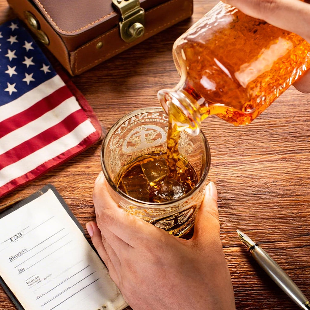 Veteran Tribute Whiskey Glass 10oz – Engraved US Navy Military Gift, Patriotic Personalized Whiskey Glass for Dad, Veteran & Anniversary