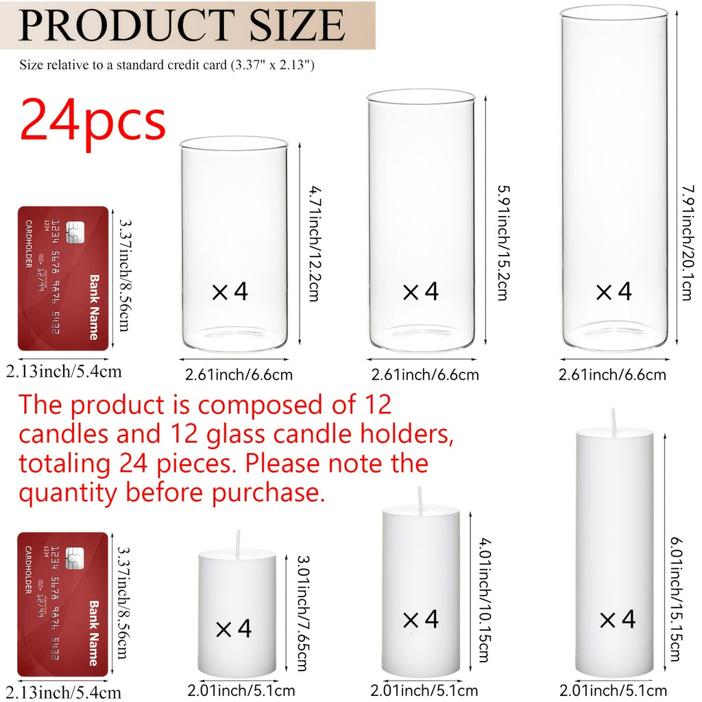 White Pillar Candles with Clear Glass Hurricane Candle Holders – Elegant Cylinder Vases for Wedding Centerpieces, Parties, Home & Office Decor, Table Decorations