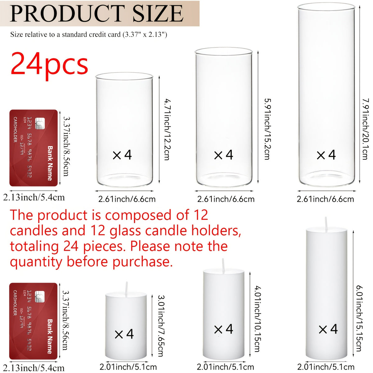 White Pillar Candles with Clear Glass Hurricane Candle Holders – Elegant Cylinder Vases for Wedding Centerpieces, Parties, Home & Office Decor, Table Decorations
