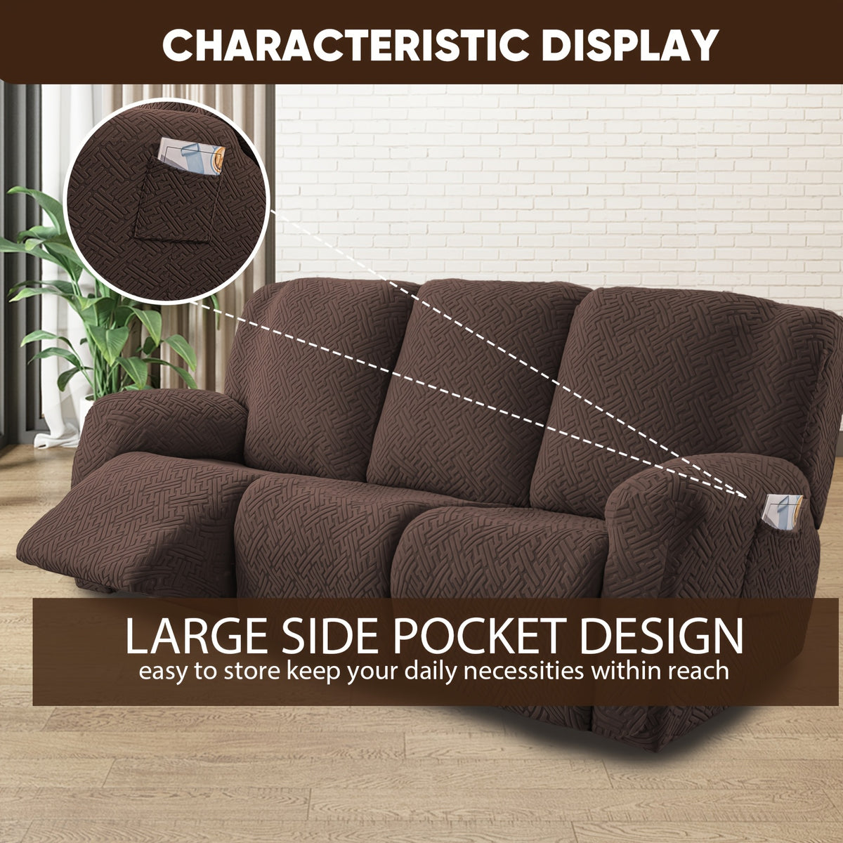 8-Piece Recliner Slipcover Set for 3-Seat Sofa – Flexible Soft Slide Sleeve Furniture Protector with Pocket, Stretch Couch Cover for Living Room, Office & Sofa Chair