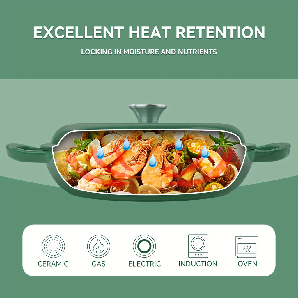 Enamel Cast Iron Dutch Oven 3QT with Lid – Shallow Wide Bottom, Double Handle, 4 Colors (Red, Blue, Green, Orange) | All Stove Types Compatible – Perfect for Cooking, Stewing & Braising