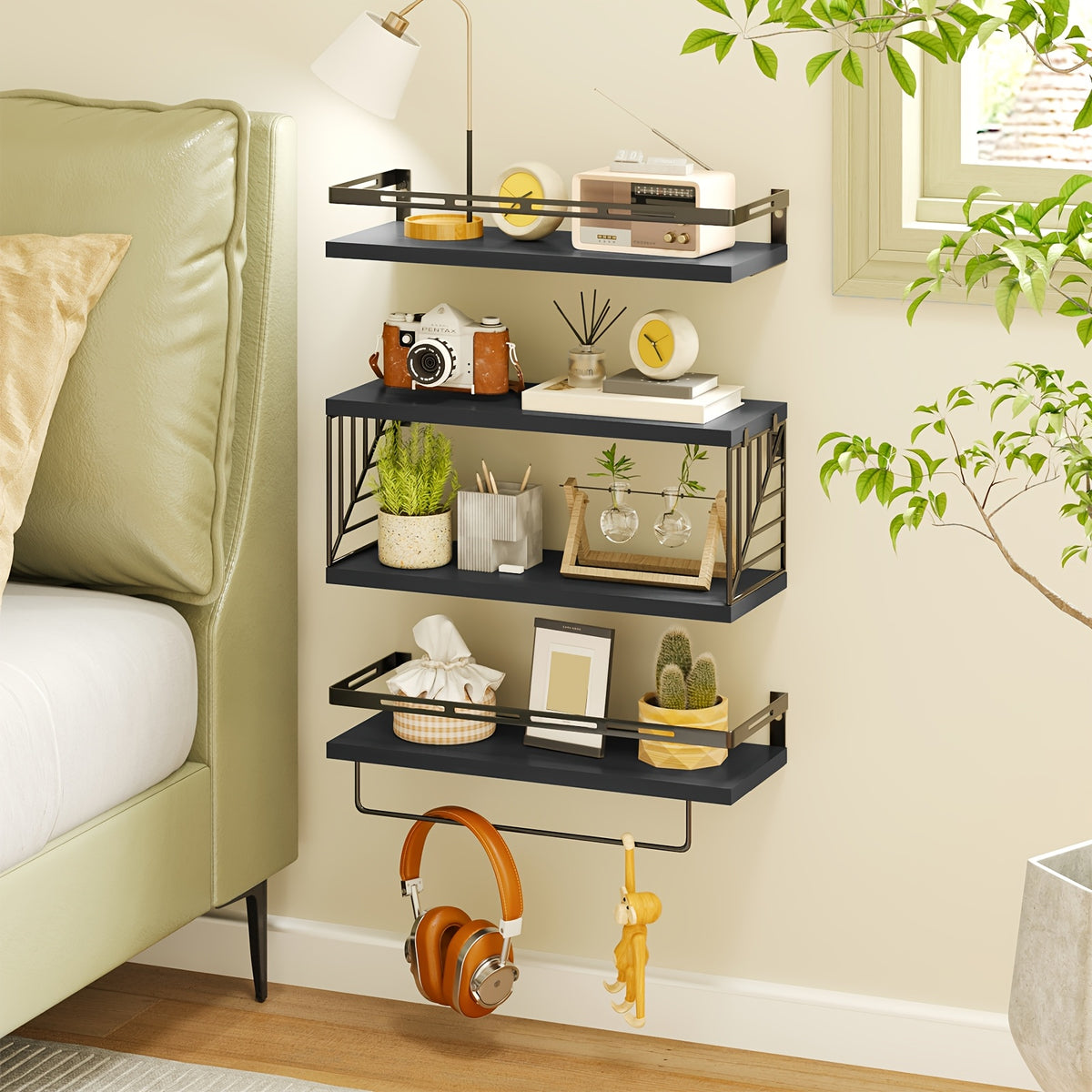 Floating Shelves Over Toilet 3/4 Piece Set – Farmhouse Wood Wall-Mounted Bathroom Shelf for Toilet Paper Storage, Small Bathroom Organizer in Black & Brown