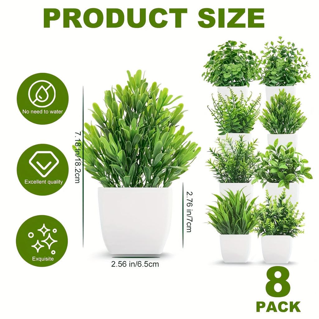 Small Artificial Potted Plants Set of 8 – Fake Mini Greenery in Square Pots for Desk, Office, Bathroom & Home Decor – Indoor Plastic Plants No Maintenance Tabletop Decor