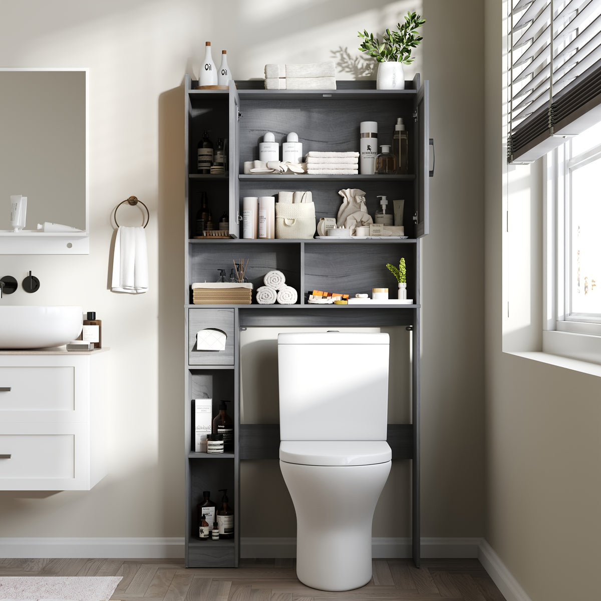 Farmhouse Over Toilet Cabinet with Sliding Doors Engineered Wood Adjustable Shelf Toilet Paper Holder Stand Space Saving Bathroom Storage No Wall Mount Multiple Colors