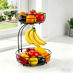 2-Tier Countertop Fruit & Vegetable Basket Bowl Rack with Banana Hooks – Space-Saving Kitchen Storage for Fruits, Vegetables, Bread & Snacks