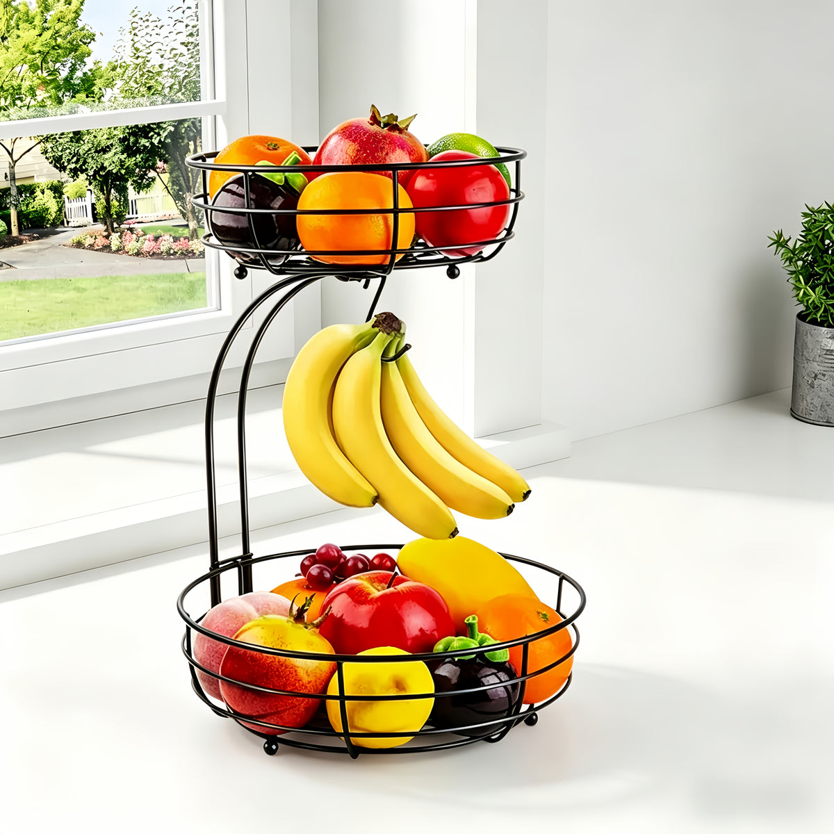 2-Tier Countertop Fruit & Vegetable Basket Bowl Rack with Banana Hooks – Space-Saving Kitchen Storage for Fruits, Vegetables, Bread & Snacks