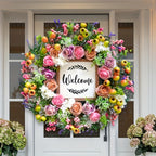 18 Inch Spring Summer Welcome Wreath for Front Door – Artificial Berry & Floral Decor with Welcome Sign, All Season Wall & Window Hanging, Mother's Day & Graduation Gift