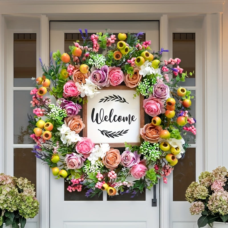 18 Inch Spring Summer Welcome Wreath for Front Door – Artificial Berry & Floral Decor with Welcome Sign, All Season Wall & Window Hanging, Mother's Day & Graduation Gift