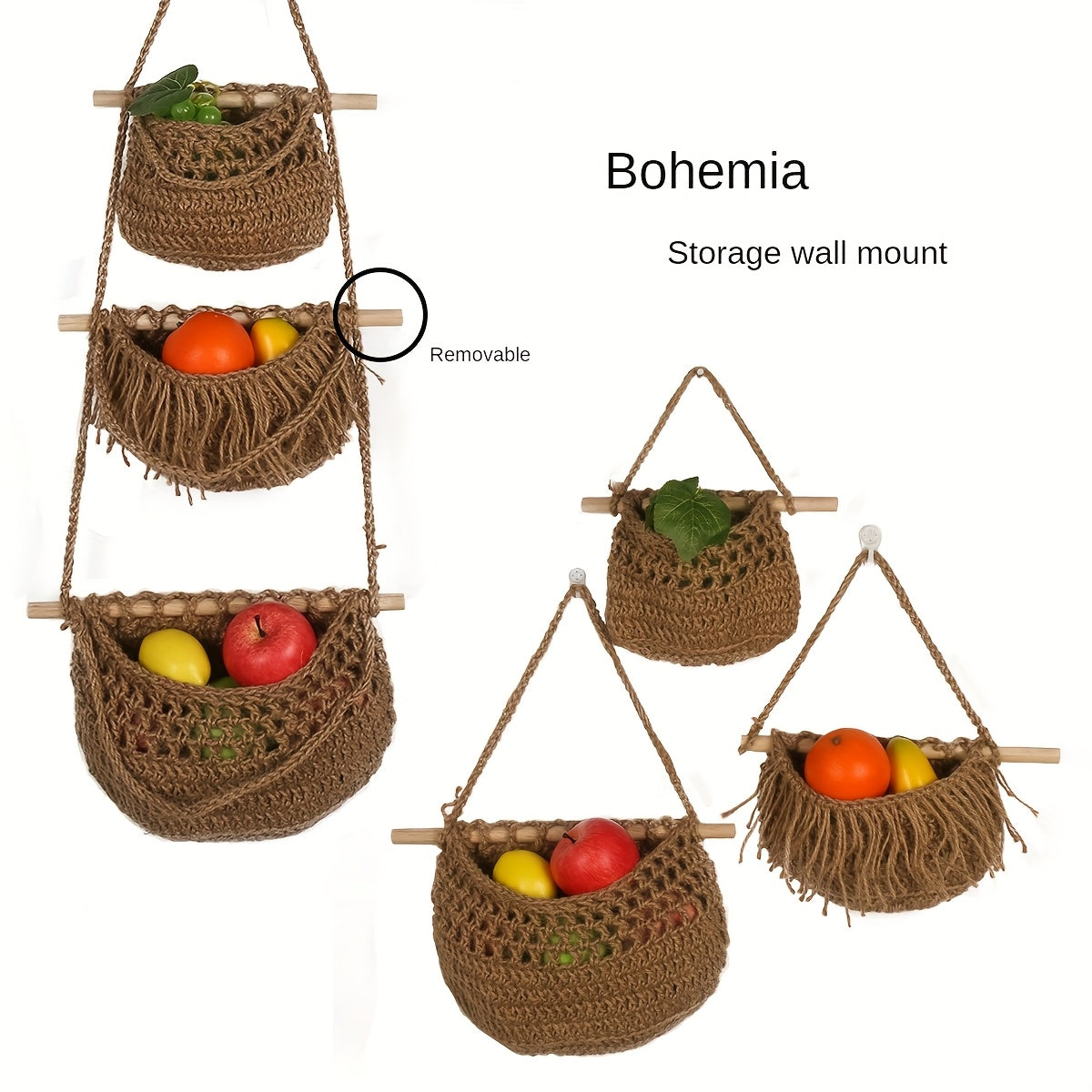 3-Tier Hanging Cotton Rope Basket - Boho Handwoven Wall Storage Organizer for Fruits, Vegetables & Essentials, Farmhouse Decor for Kitchen, Bathroom, Living Room & Bedroom