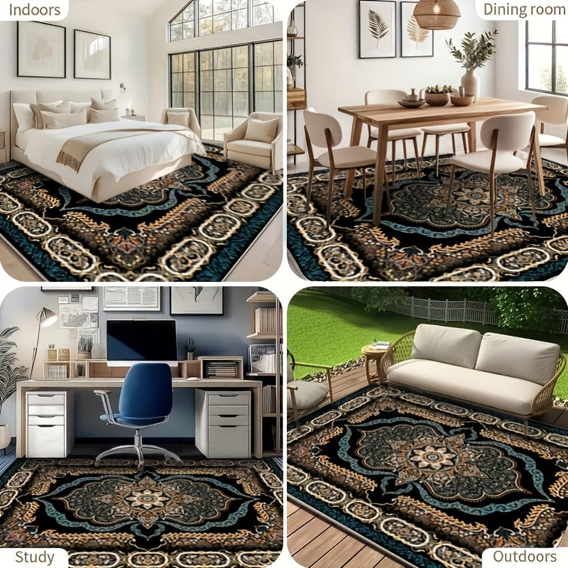 Dark-Toned Bohemian Area Rug Skin-Friendly – Non-Slip Non-Shedding Machine Washable Pet-Friendly Floor Mat for Living Room, Bedroom & Kitchen, 5 Sizes