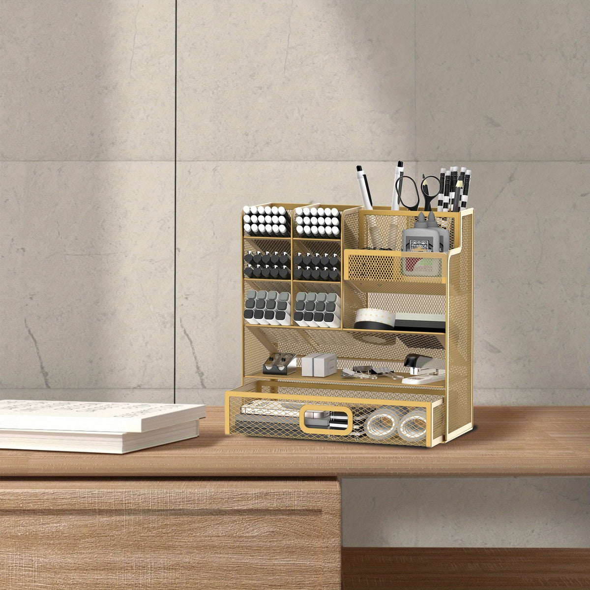 Mesh Desk Organizer with Drawer & Pen Holder – Multifunctional Desktop Organizer for Office Art Supplies, Accessories Storage, Desk Caddy for Home Office School Workspace