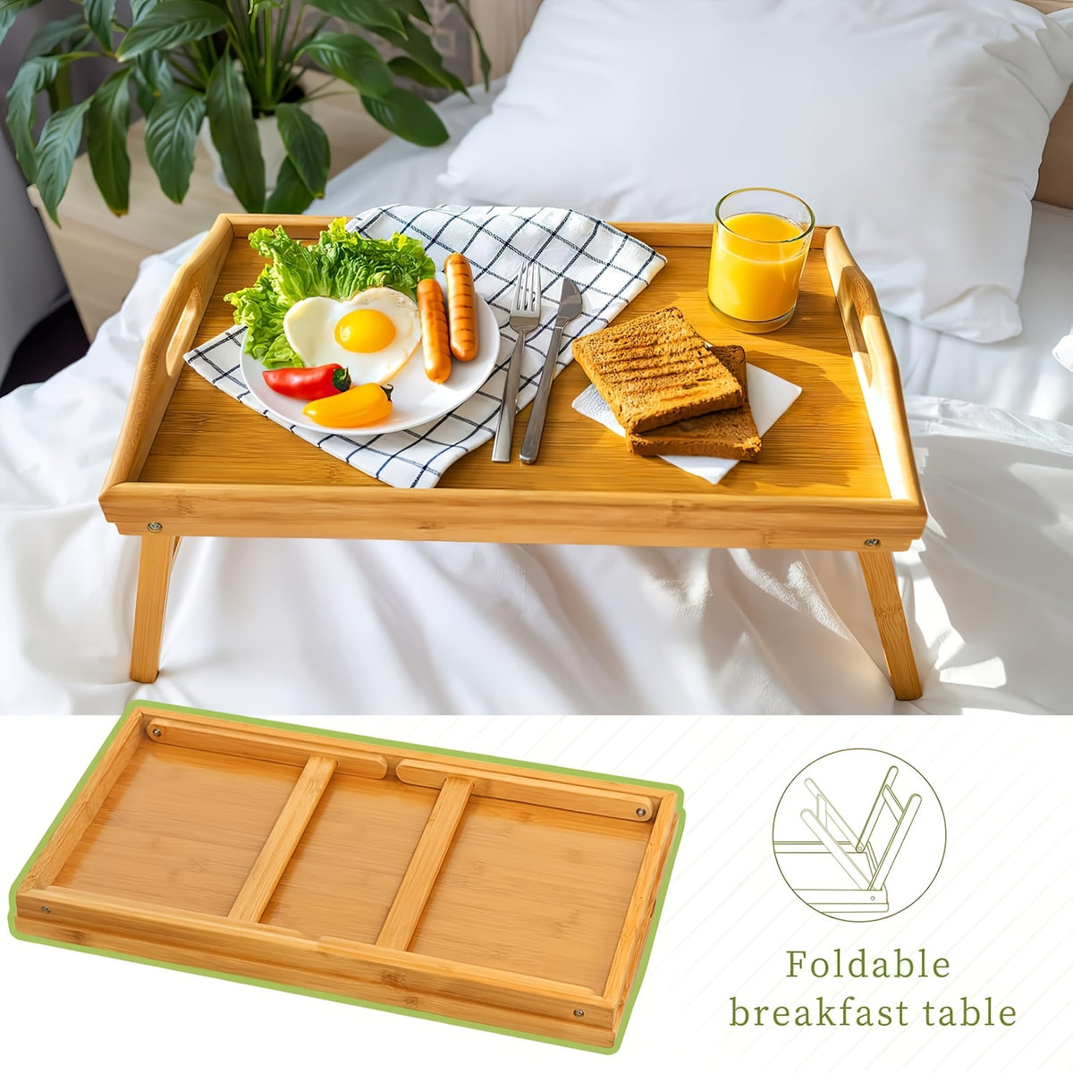 Bamboo Breakfast Tray with Folding Legs 19.5x12 Inch Lap Food Tray with Handle for Bed Sofa Eating Working Drawing Natural Black White Pack of 1 or 2