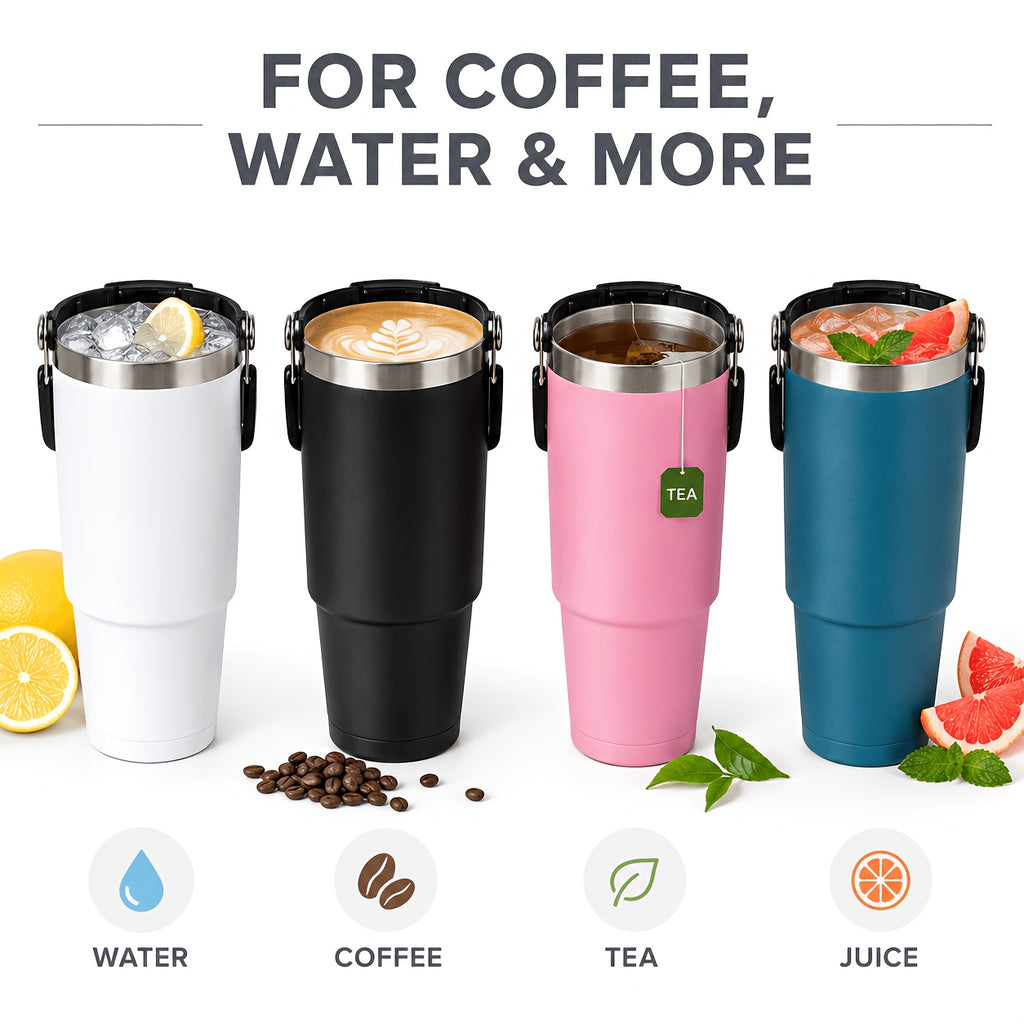 30oz Stainless Steel Insulated Tumbler 6-Pack with Handle, Lid & Straw – Double Wall Vacuum Travel Cups, Colorful Gift Set for Coffee, Cold Drinks & Daily Use | Black, Red, White & More