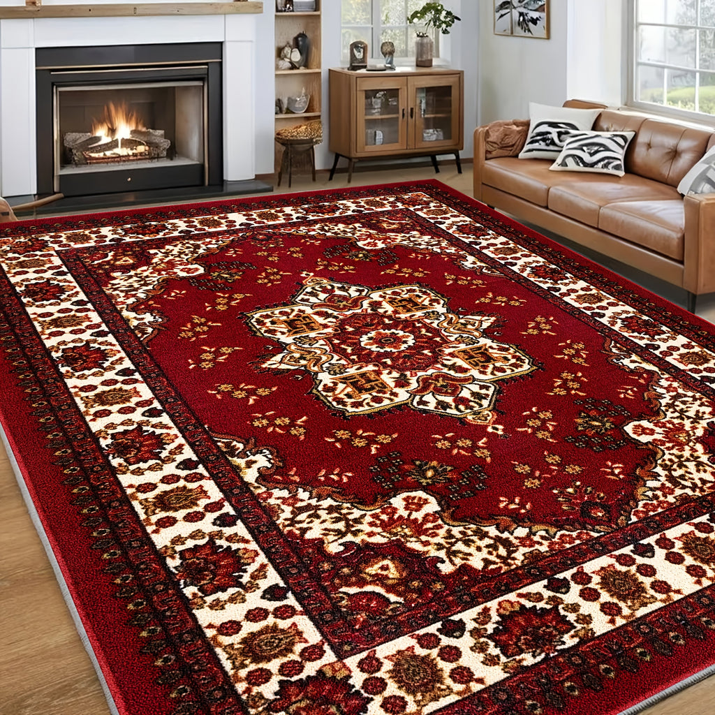Bohemian Persian Area Rug - Plush Soft Pile Non-Slip Machine Washable 100% Polyester Red and Golden Floral Pattern for Living Room and Bedroom