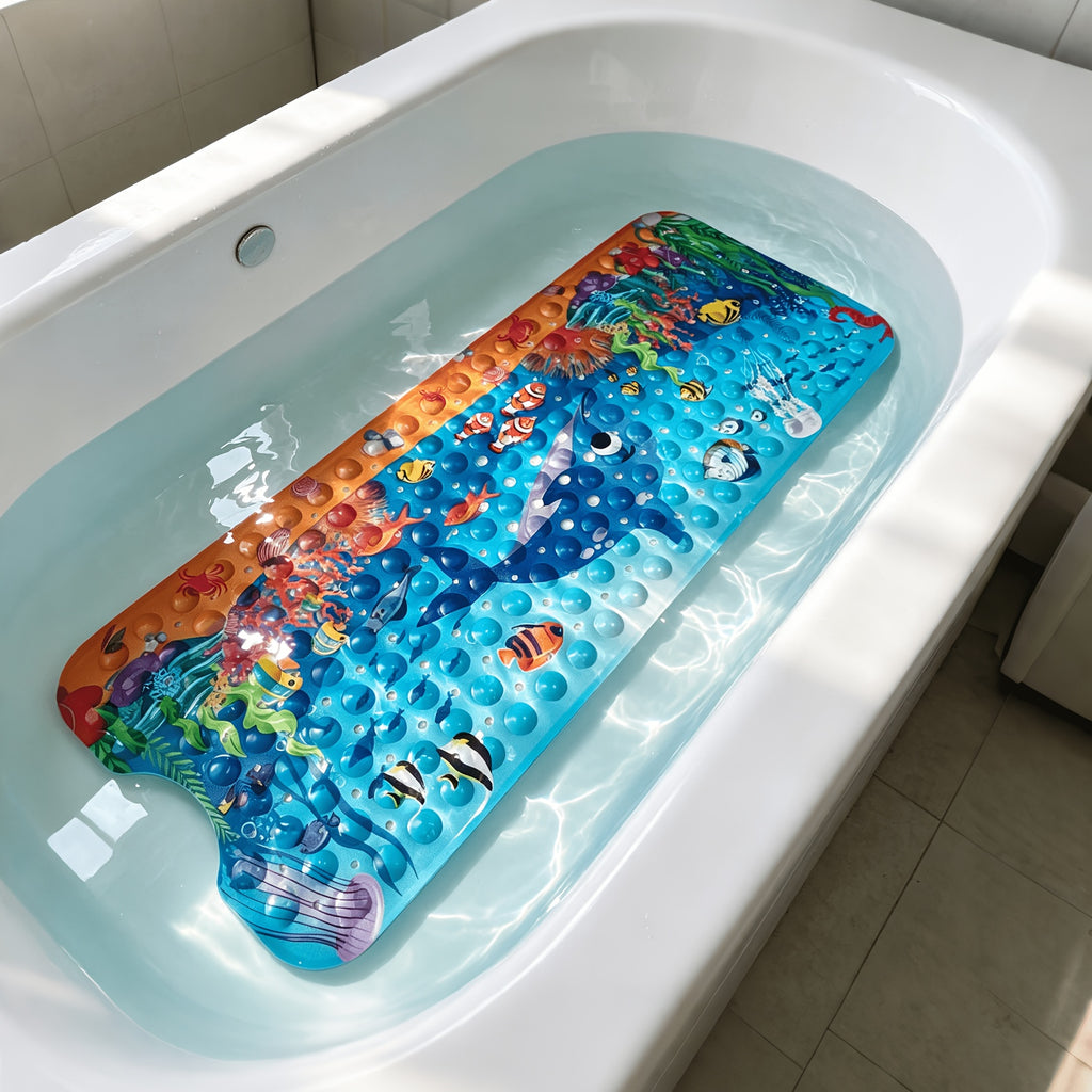 Non-Slip Bathtub Mat with Suction Cups & Drain Holes – PVC Shower Mat 40x16, Cushioned, Machine Washable, Fun Ocean Designs for Kids & Adults