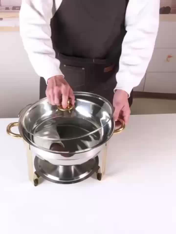 Stainless Steel Buffet Hot Pot Food Warmer Set with Glass Lid & Lid Rack, 5QT Round Chafing Dish for Party Catering Wedding – 1, 2 or 4 Pcs