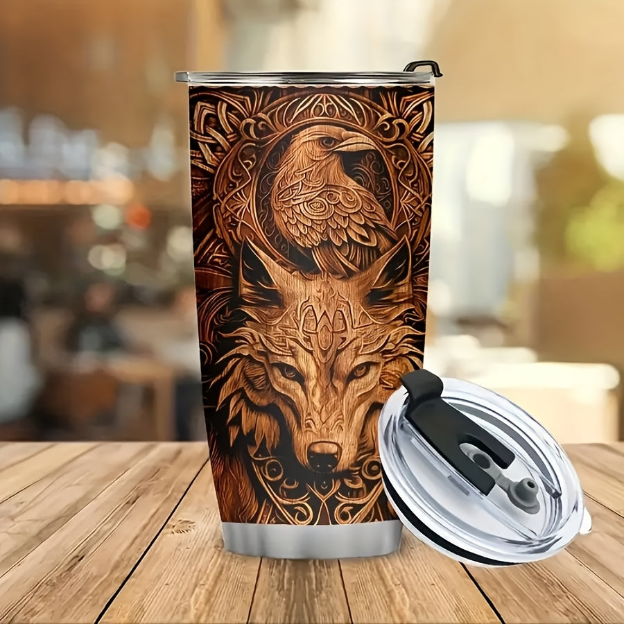 Viking Tumbler 20oz Insulated Stainless Steel - Wolf & Eagle Design Travel Cup with Straw & Lid, Durable Brown Tumbler for Car, Office & Camping, Viking Gift for Men & Women