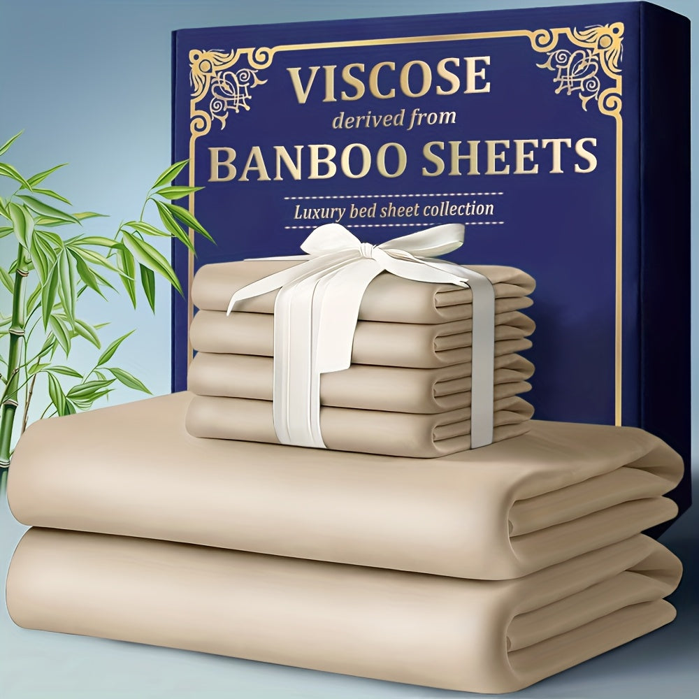 Bamboo Cooling Bed Sheet Set 4 Pcs - 2300TC Ultra Soft Breathable Deep Pocket Fitted Sheet Flat Sheet Pillowcases, Shrink Resistant All Season Bedding for Twin Full Queen King