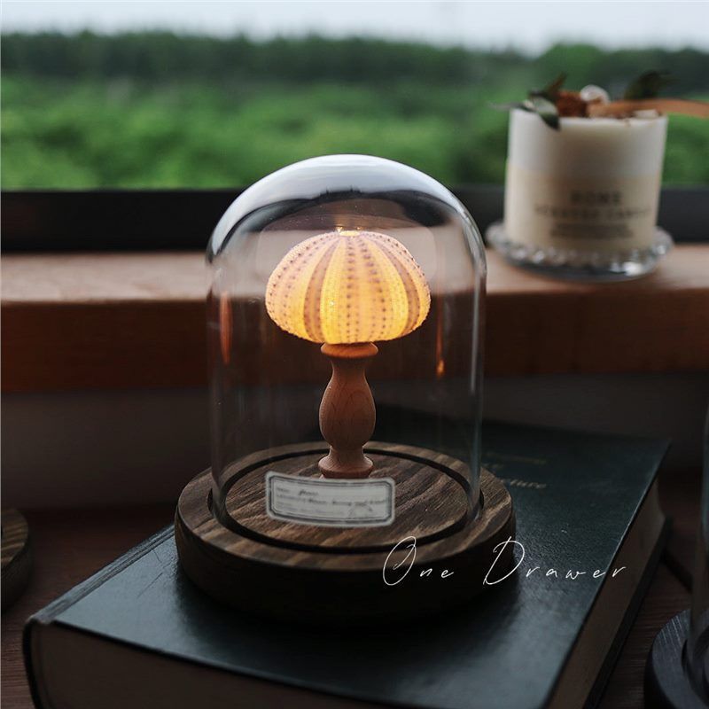 Handmade Sea Urchin Night Light Shell Lamp Ornament - Ocean Island Retro Coastal Decor, Unique Bedroom Bedside Table Lamp Gift, Powder Green Purple