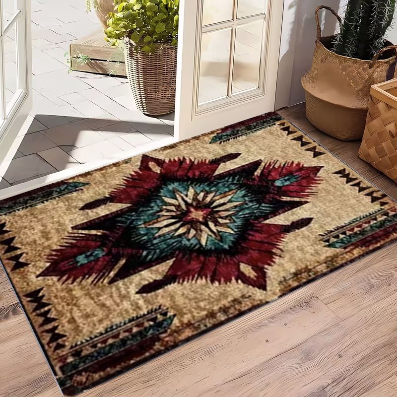 Southwestern Geometric Mat Non-Slip Indoor Floor Rug - Tribal Boho Area Mat for Bedroom Living Room Entryway Hallway, 3 Sizes Easy Clean Holiday Home Decor Accent Rug