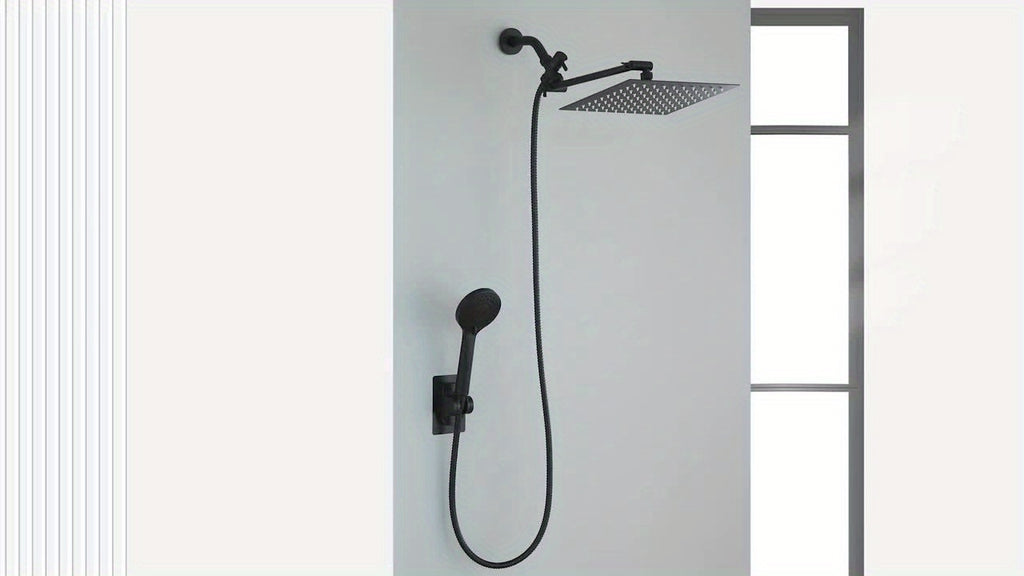 High Pressure Rainfall & Handheld Shower Head Combo, 9 Spray Settings, 11" Extension Arm, Leak-Proof Wall-Mounted, Height & Angle Adjustable, Holder & Hose Included – Chrome & Black, 8"/10"/12"