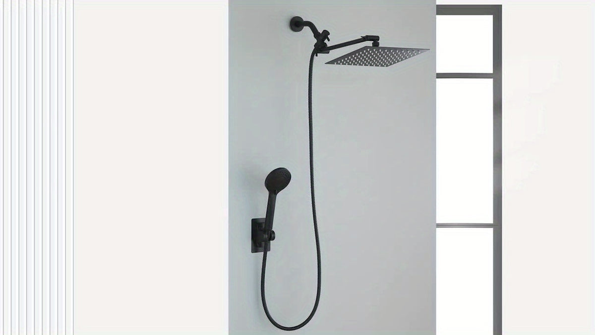 High Pressure Rainfall & Handheld Shower Head Combo, 9 Spray Settings, 11" Extension Arm, Leak-Proof Wall-Mounted, Height & Angle Adjustable, Holder & Hose Included – Chrome & Black, 8"/10"/12"