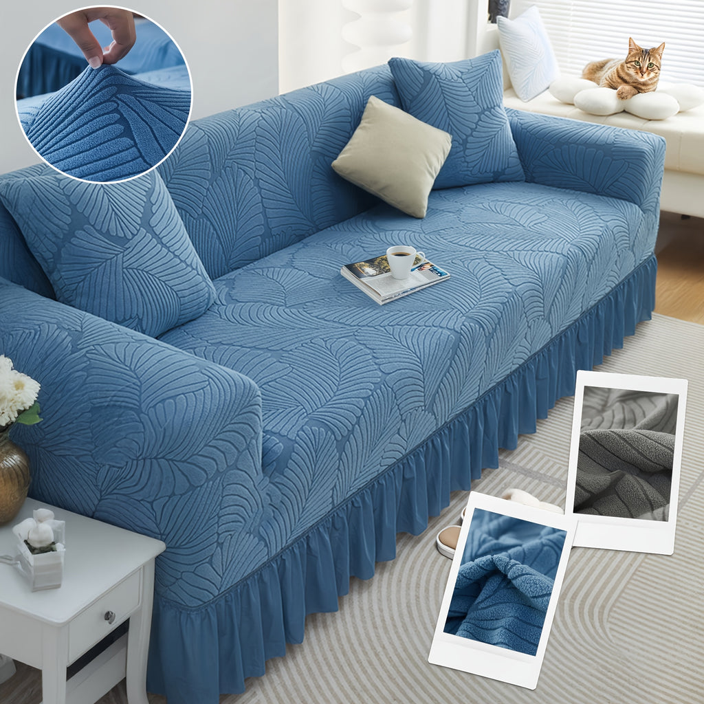 Luxury Skirted Sofa Cover Full Coverage Stretch Velvet Slipcover – Anti-Slip Pet-Friendly Couch Protector for 1/2/3/4-Seater, Soft Warm Furniture Cover in Navy Blue & Charcoal Gray for Winter Christmas Home Decor