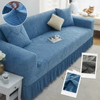 Luxury Skirted Sofa Cover Full Coverage Stretch Velvet Slipcover – Anti-Slip Pet-Friendly Couch Protector for 1/2/3/4-Seater, Soft Warm Furniture Cover in Navy Blue & Charcoal Gray for Winter Christmas Home Decor