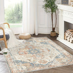 Washable Vintage Area Rug - Chenille Retro Distressed Multi-Print Foldable Lightweight Accent Rug for Entryway Bathroom Kitchen Living Room and Bedroom