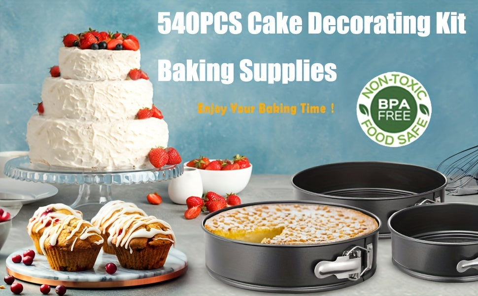 540PCS Cake Decorating Kit with 4 Springform Pans, Rotating Turntable & 55 Icing Tips – Complete Baking Supplies Set with Piping Bags, Fondant Tools & Cupcake Liners for Beginners