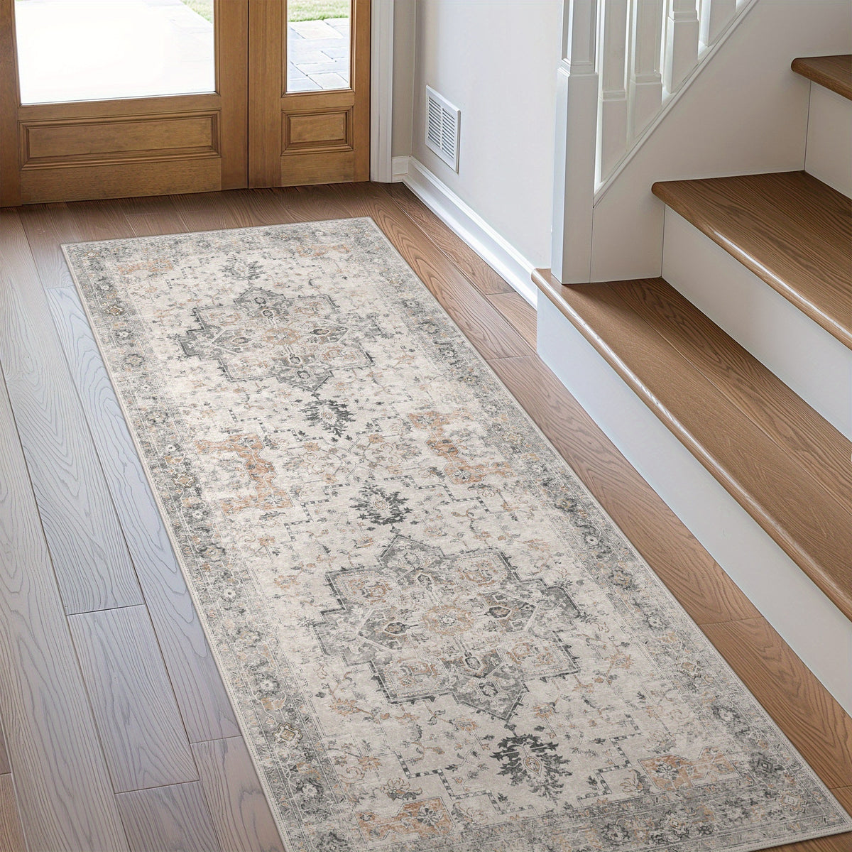 Vintage Floral Area Rug Machine Washable Non-Slip Runner Rug – Low Pile Soft Boho Hallway Carpet for Entryway, Kitchen, Corridor & Living Room – Light Taupe Brown, Multiple Sizes