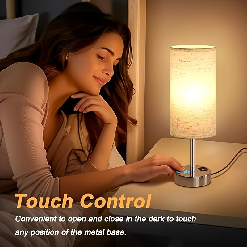 Dimmable Touch Bedside Table Lamp with Wood Base & USB-C Port – 3-Way Touch Control, Round Burlap Shade, A19 LED Bulb Included, 1/2 Pack