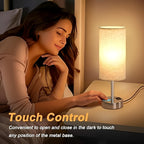 Dimmable Touch Bedside Table Lamp with Wood Base & USB-C Port – 3-Way Touch Control, Round Burlap Shade, A19 LED Bulb Included, 1/2 Pack