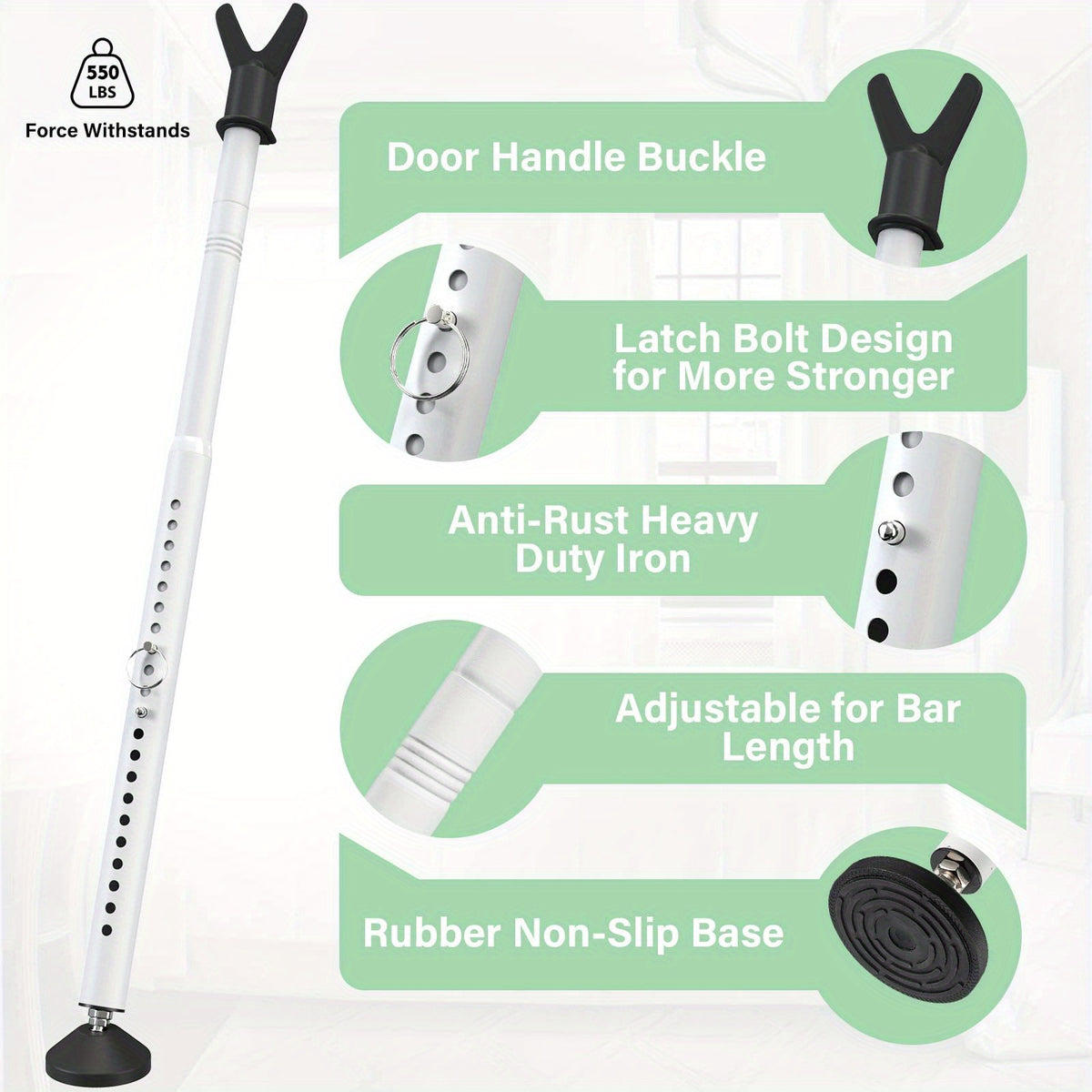 Door Security Bar Adjustable 20-52 Inch Heavy Duty Door Barricade Bar – Anti-Theft Door Jammer Stopper for Front Door, Bedroom, Apartment, Hotel Room, Window & Sliding Patio Door Security