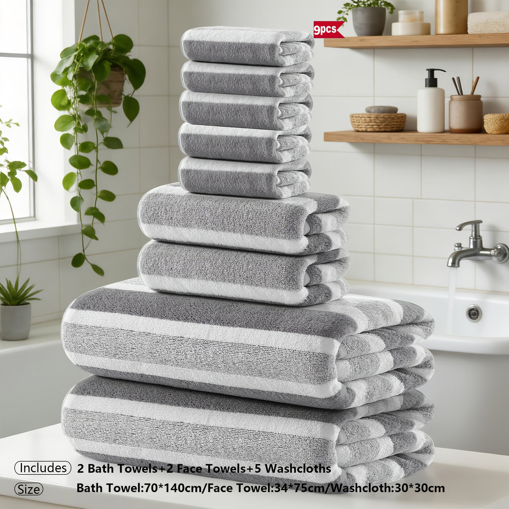 Classic Striped Bath Towel Set – 9 or 15 Piece No-Hair-Loss Super Absorbent Two-Color Towel Bundle | Large Bath Towels, Face Towels & Hand Towels for Bathroom & Beach