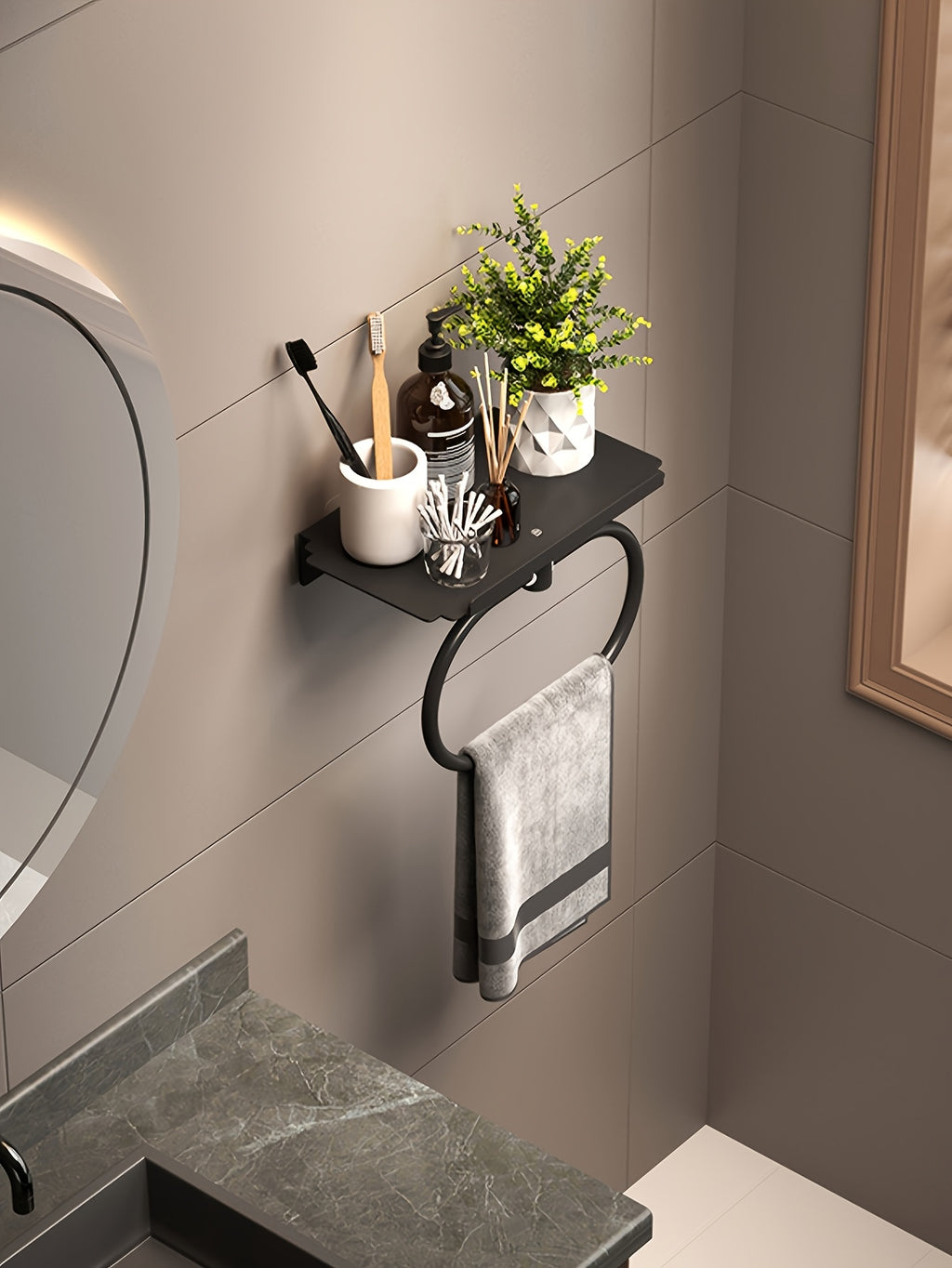 Oval Metal Towel Ring Wall Mounted – No-Drill Bathroom Organizer, Modern Matte Black Finish, Durable & Elegant Home Decor