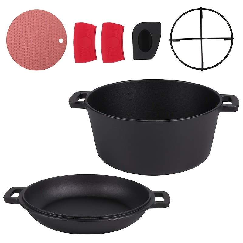Cast Iron Dutch Oven Set 2-in-1 5.1QT Dutch Oven and 1.9QT Skillet Lid with Accessories Induction Oven Campfire Safe Holiday Cooking Kit for Soups Stews Baking Frying Camping BBQ
